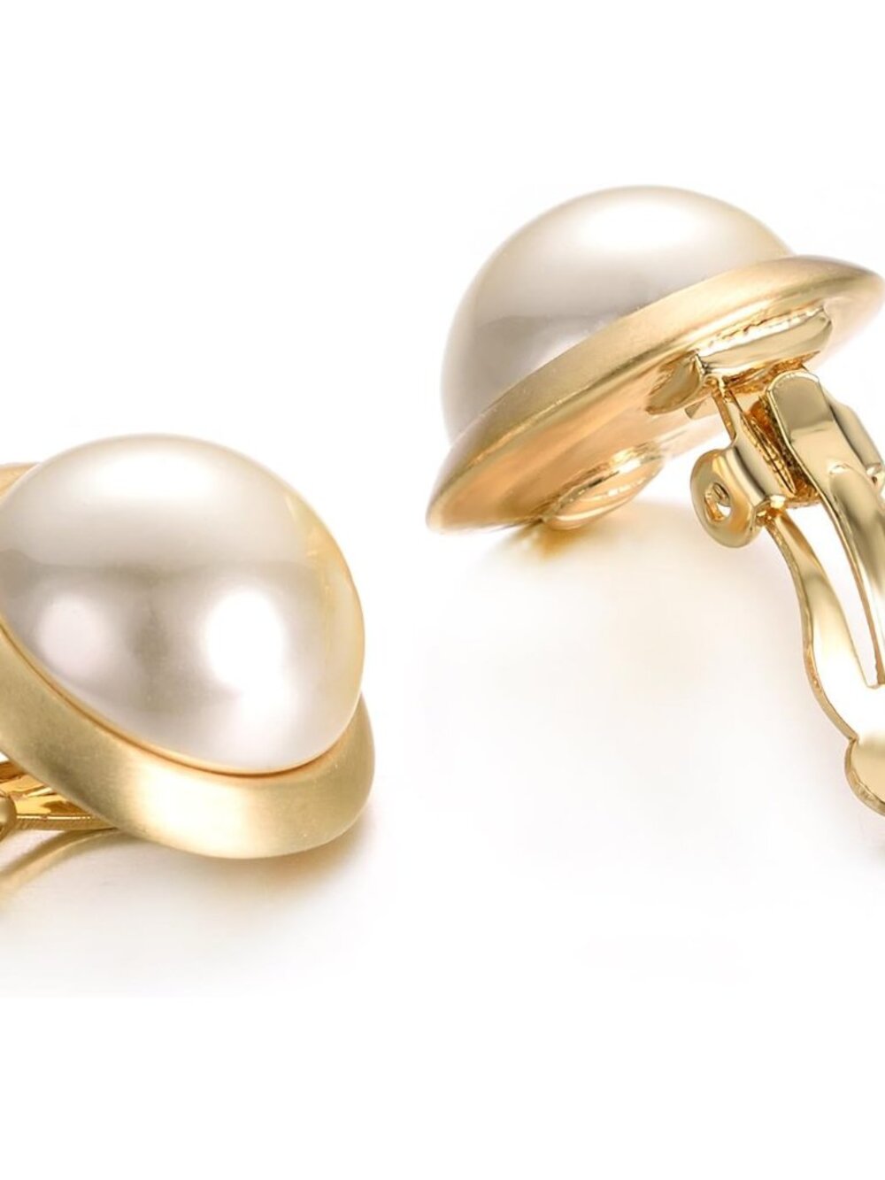 Clip on Earrings for Women Round Faux Pearl Earrings Clipon 18K Gold Plated Non - Picture 5 of 8